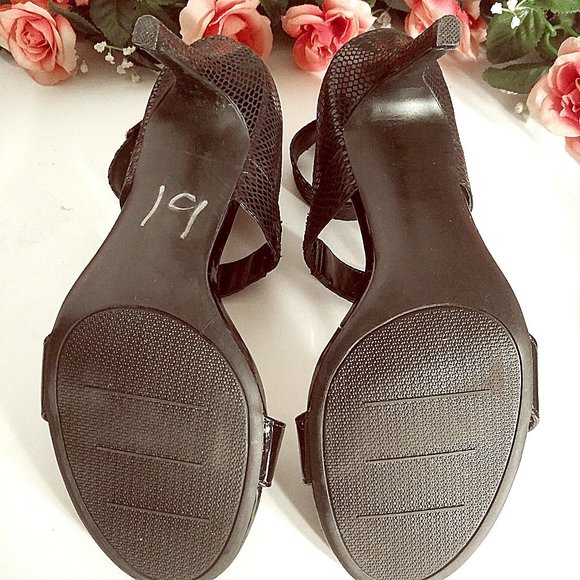 Black Textured Open Toe Olena Heels,  Black Strappy Animal Print Stilettos Heels - Picture 5 of 14